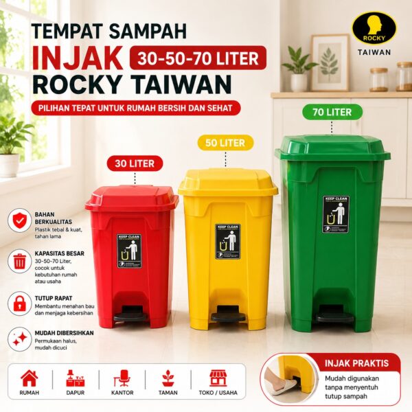 TEMPAT SAMPAH INJAK ROCKY 30 50 70 LITER TONG SAMPAH INJEK PLASTIK DUSTBIN TAIWAN