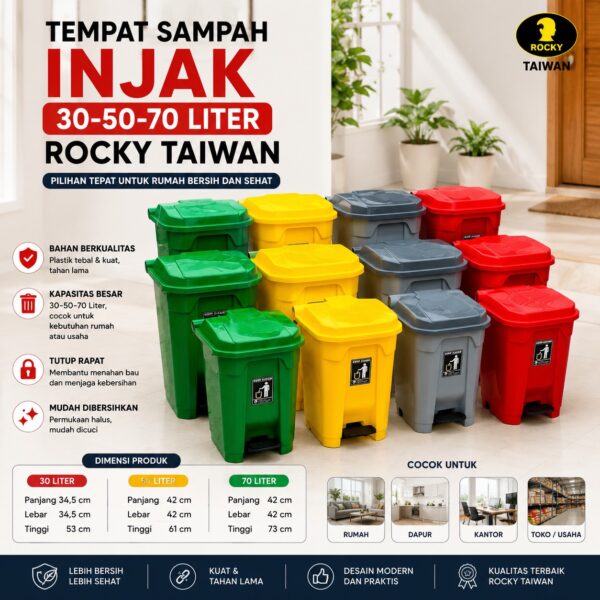 TEMPAT SAMPAH INJAK ROCKY 30 50 70 LITER TONG SAMPAH INJEK PLASTIK DUSTBIN TAIWAN