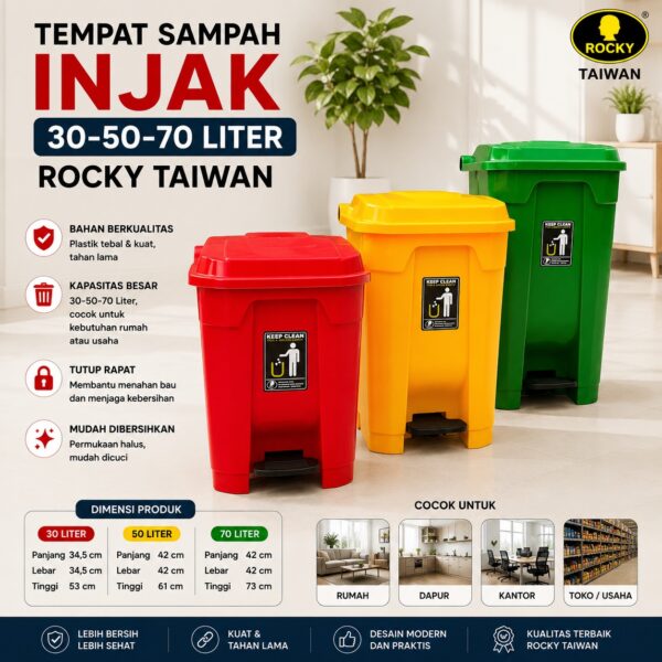 TEMPAT SAMPAH INJAK ROCKY 30 50 70 LITER TONG SAMPAH INJEK PLASTIK DUSTBIN TAIWAN
