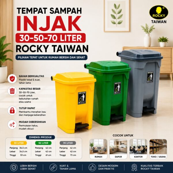 TEMPAT SAMPAH INJAK ROCKY 30 50 70 LITER TONG SAMPAH INJEK PLASTIK DUSTBIN TAIWAN