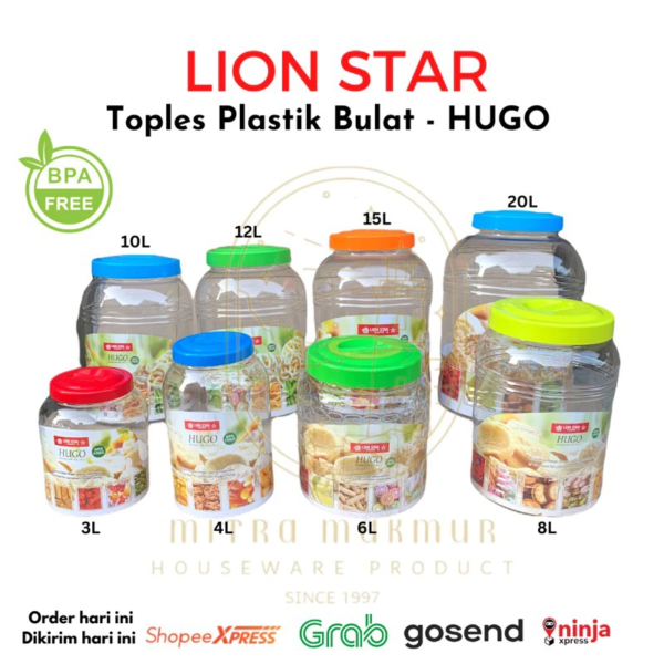 g48ejcyv LION STAR - HUGO ROUND JAR / TOPLES PLASTIK BULAT / TOPLES KERUPUK KEDAP UDARA 3 4 6 8 10 15 20 Liter