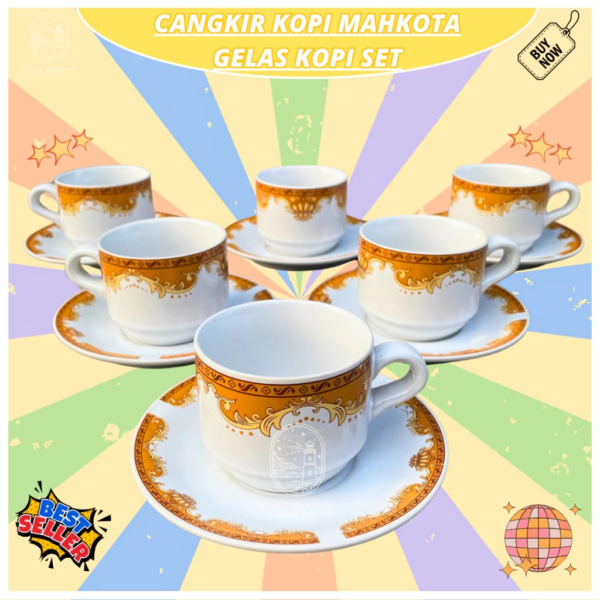 k129rqdx REGULER KARGO - CANGKIR TEA SET MAHKOTA MOTIF GOLD GELAS KOPI TATAK ISI 6PC WEDDING GIFT