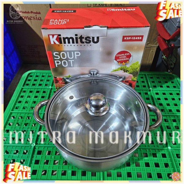 w83bhyba Panci Tutup Kaca Tebal Premium Panci Soup Stainless High Quality Kimitsu KSP - 124 SS Panci Kuah