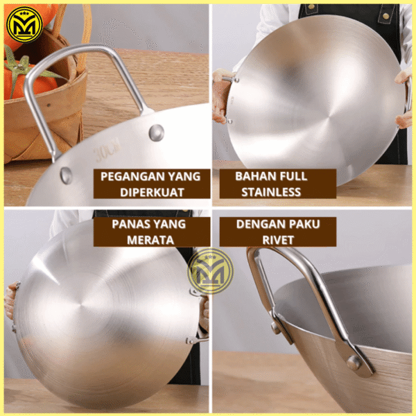 WAJAN STAINLESS JUMBO (5) WAJAN STAINLESS STEEL JUMBO KUALITAS PREMIUM KUALI CEKUNG PENGGORENGAN BESAR UKURAN 50 60 70 80 CM