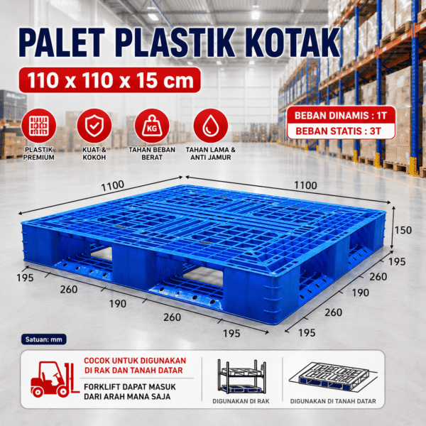 PALLET PLASTIK DOBEL 110 X 110 X 15 CM TATAK ALAS GUDANG PALET PLASTIK BIRU HITAM
