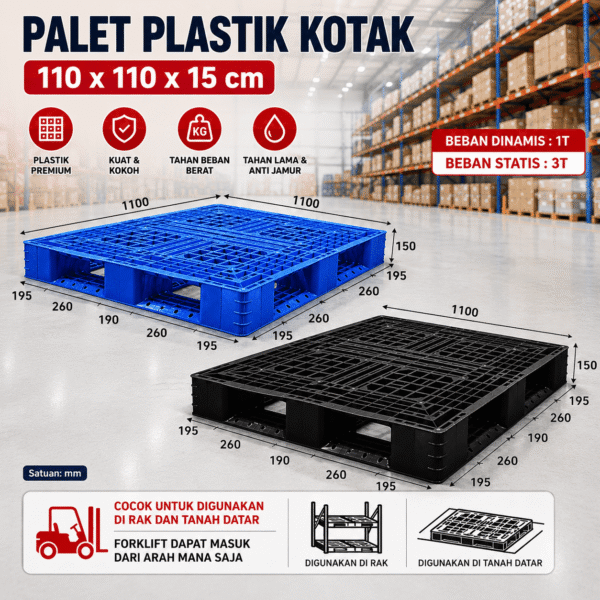 PALLET PLASTIK DOBEL 110 X 110 X 15 CM TATAK ALAS GUDANG PALET PLASTIK BIRU HITAM