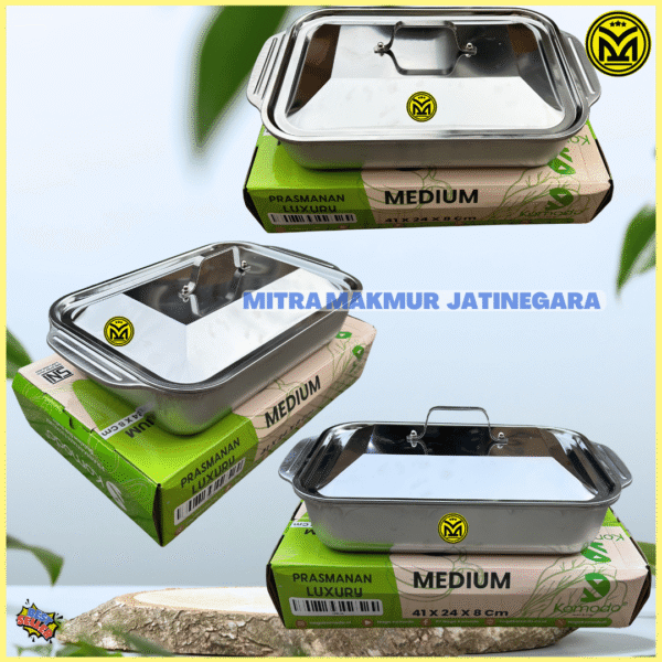 BAKI NAMPAN PRASMANAN LUXURY PLUS TUTUP STAINLESS UKURAN MEDIUM DAN LARGE