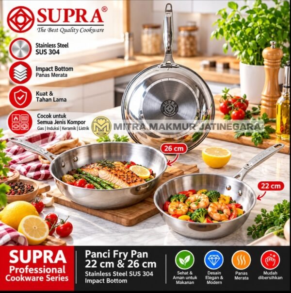 TEFLON STAINLESS SUPRA FRY PAN SS FOOD GRADE TEBAL 22 26 CM WAJAN TEFLON FOOD SAFE SUS 304
