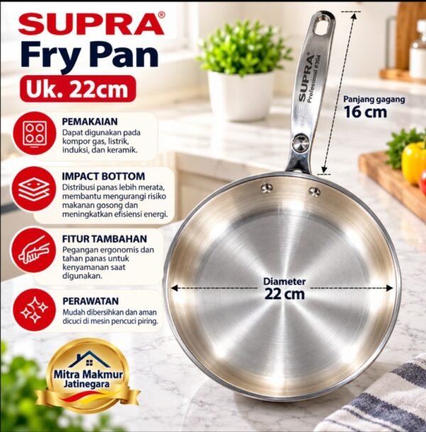 TEFLON STAINLESS SUPRA FRY PAN SS FOOD GRADE TEBAL 22 26 CM WAJAN TEFLON FOOD SAFE SUS 304