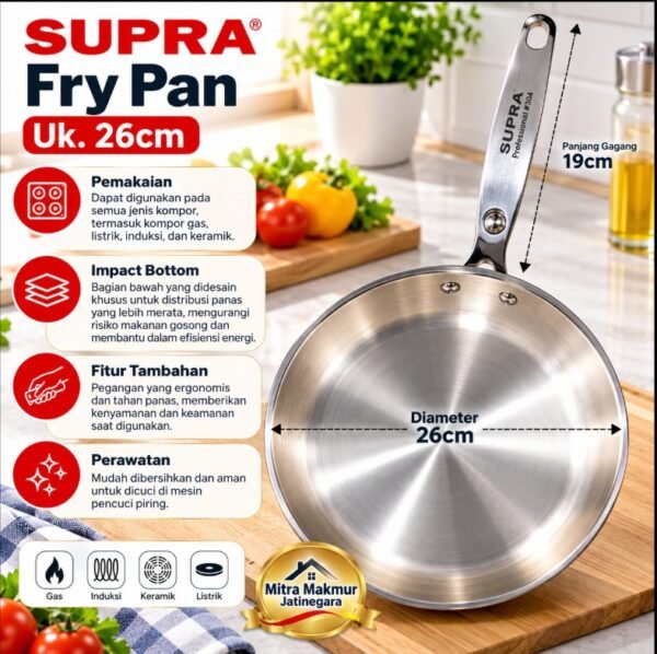 TEFLON STAINLESS SUPRA FRY PAN SS FOOD GRADE TEBAL 22 26 CM WAJAN TEFLON FOOD SAFE SUS 304